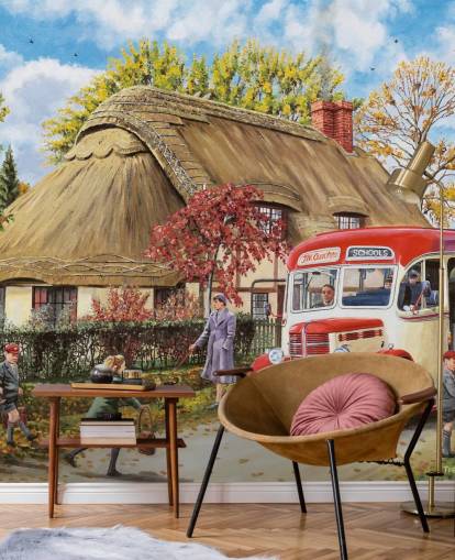 thatched cottage with school bus and children in autumn term wallpaper