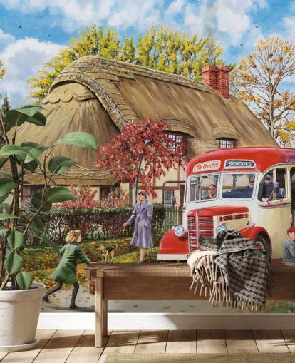 chaumière avec autobus scolaire et enfants en automne fond d'écran chaumière avec autobus scolaire et enfants en automne fond d'écran