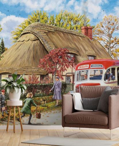casa de campo con techo de paja con autobús escolar y niños en otoño fondo de pantalla casa de campo con techo de paja con autobús escolar y niños en otoño fondo de pantalla