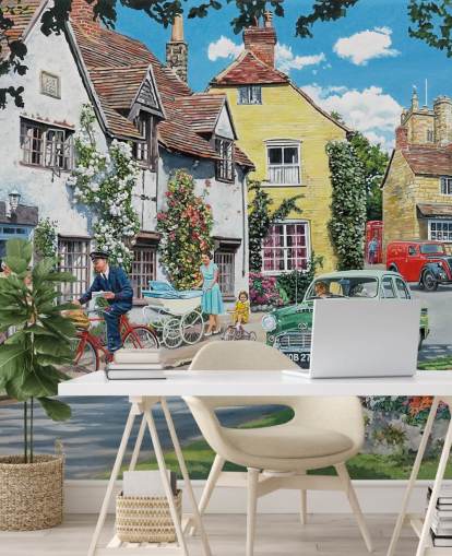 postman delivering in old village wallpaper