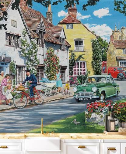 postman delivering in old village wallpaper