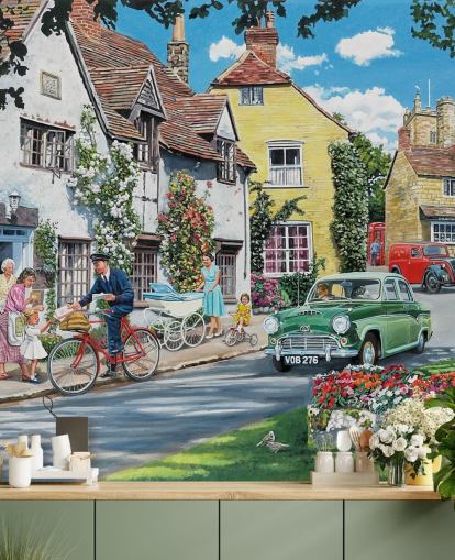 postman delivering in old village wallpaper