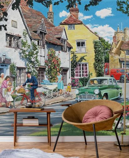 postman delivering in old village wallpaper