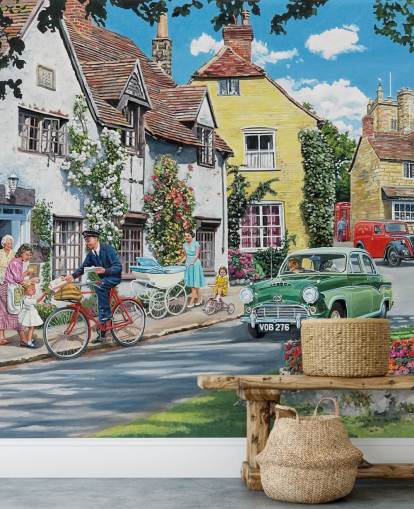 postier livrant dans le vieux village papier peint