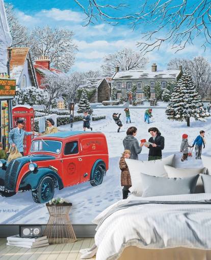 villaggio neve scena a natale carta da parati