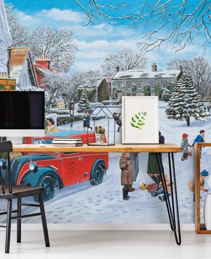 dorp sneeuwscène bij kerst behang dorp sneeuwscène bij kerst behang