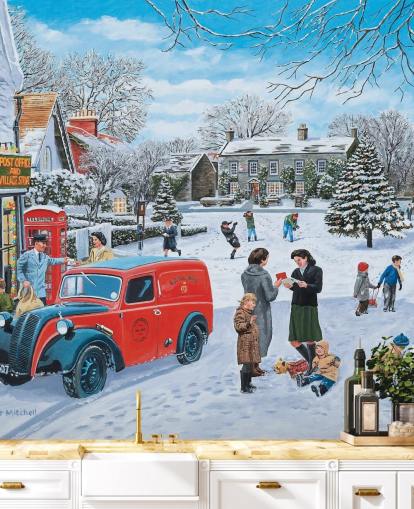 dorp sneeuwscène bij kerst behang