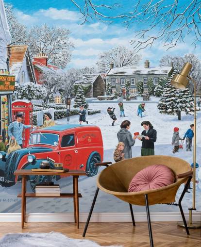 villaggio neve scena a natale carta da parati