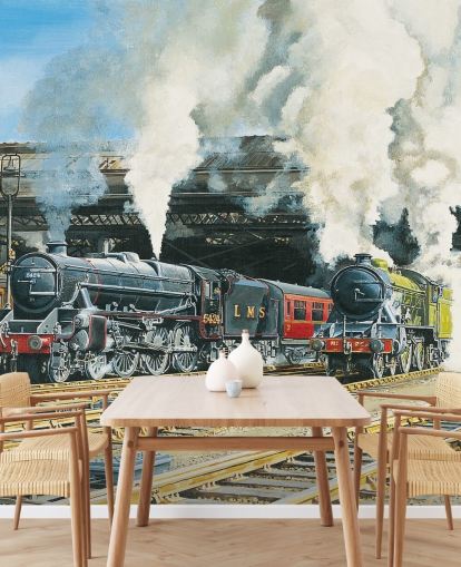 oude stoomtreinen in het treinstation behang