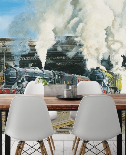 old steam trains in the train station wallpaper