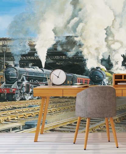 oude stoomtreinen in het treinstation behang