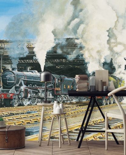 oude stoomtreinen in het treinstation behang