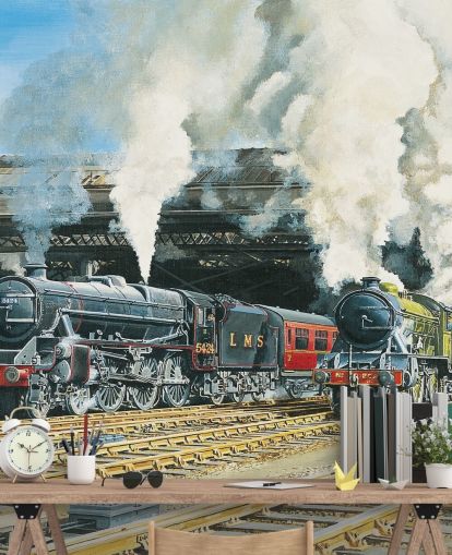 old steam trains in the train station wallpaper