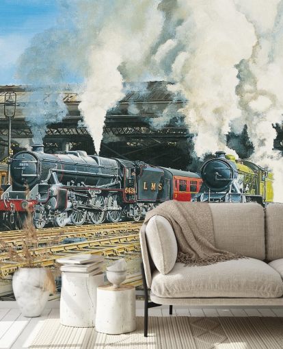 old steam trains in the train station wallpaper