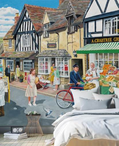 old village postman delivering to the greengrocers wallpaper