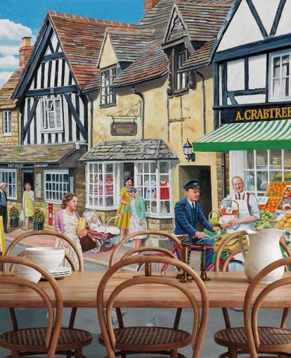 velho carteiro da vila entregando papel de parede para a mercearia