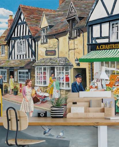 old village postman delivering to the greengrocers wallpaper