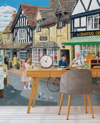 old village postman delivering to the greengrocers wallpaper