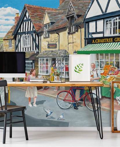 old village postman delivering to the greengrocers wallpaper