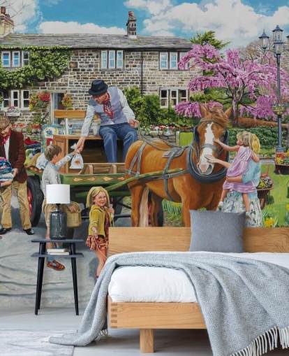 pack horse being petted in a village wallpaper