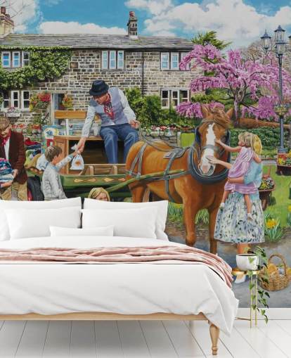 pack horse being petted in a village wallpaper