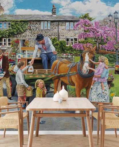 pack horse being petted in a village wallpaper