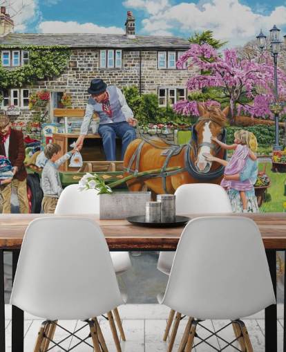 pack horse being petted in a village wallpaper