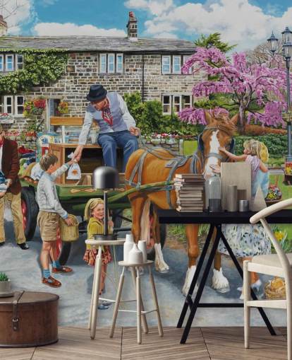 cheval de meute caressé dans un fond d'écran de village