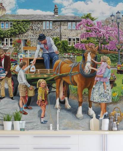 pack horse being petted in a village wallpaper