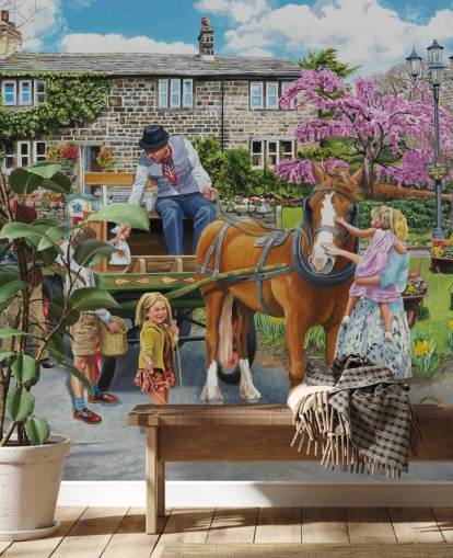 pack horse being petted in a village wallpaper