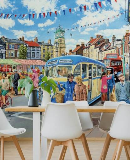 old bus driving through quaint old village wallpaper