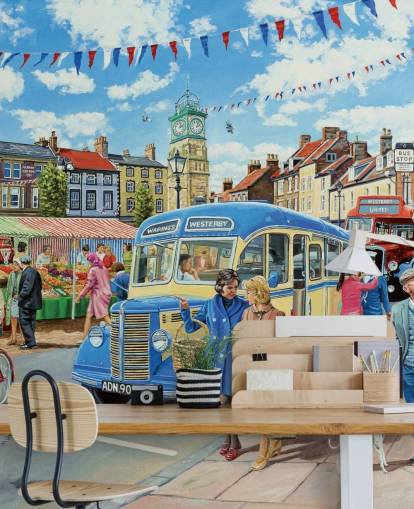 gammel buss kjører gjennom sjarmerende gammel landsby tapet