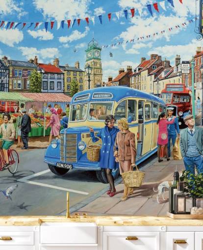 old bus driving through quaint old village wallpaper