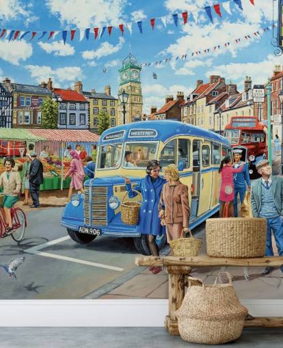 gamle bus kørsel gennem maleriske gamle landsby tapet