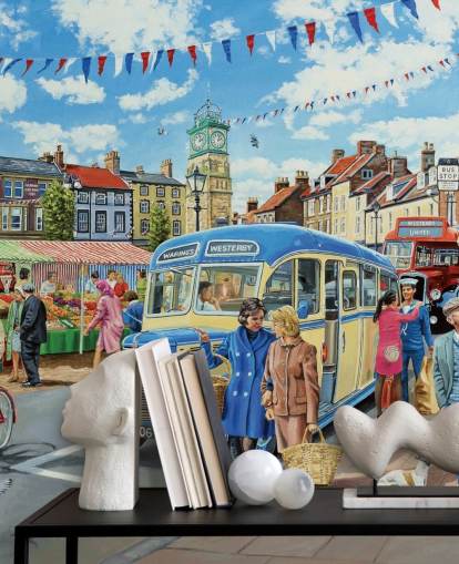 gamle bus kørsel gennem maleriske gamle landsby tapet gamle bus kørsel gennem maleriske gamle landsby tapet