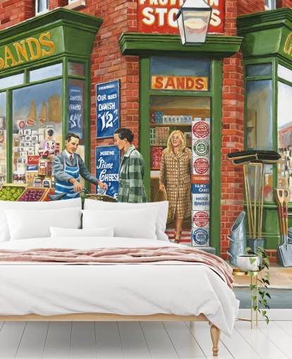 outside of an old fashioned corner shop wallpaper