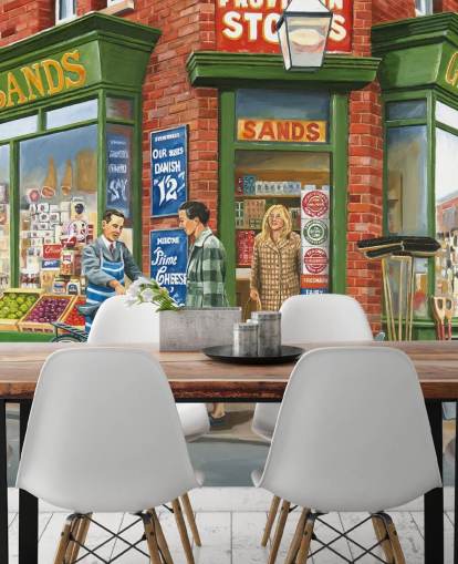 außerhalb einer altmodischen Ladentapete an der Ecke