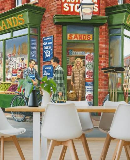 outside of an old fashioned corner shop wallpaper