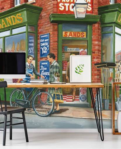 buiten een ouderwets behang voor een winkel op de hoek