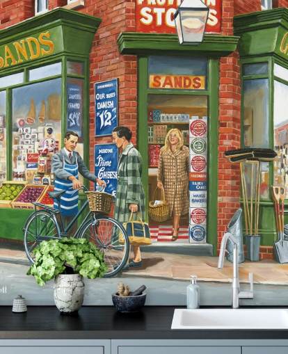 utenfor et gammeldags hjørnebutikktapet