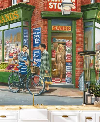 buiten een ouderwets behang voor een winkel op de hoek