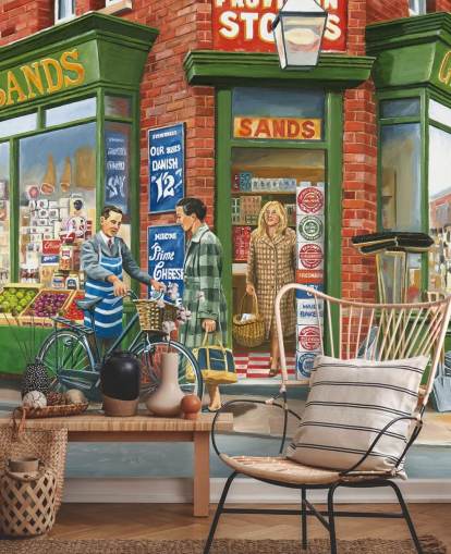 outside of an old fashioned corner shop wallpaper
