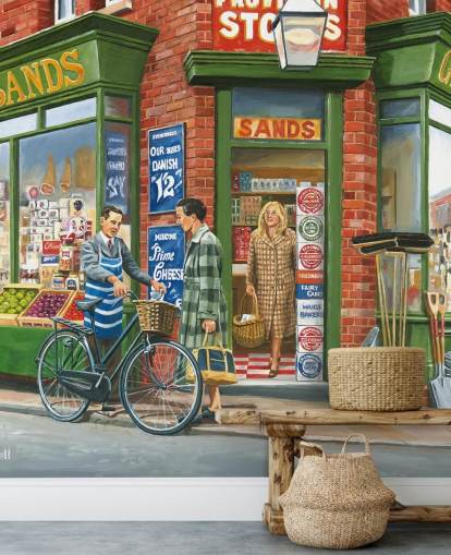 outside of an old fashioned corner shop wallpaper