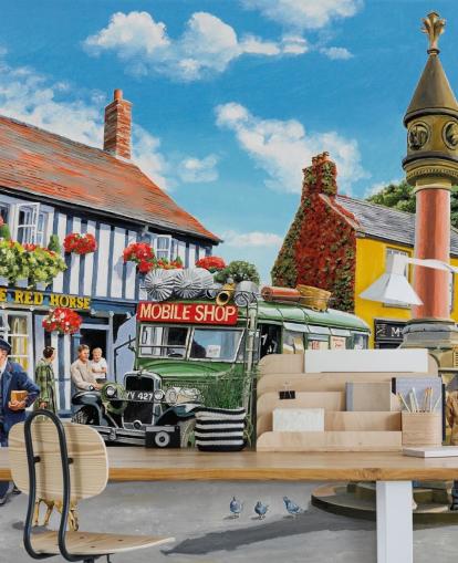 colorful customizable bygone era wall mural called The Market Place by Trevor Mitchell for residential care homes
