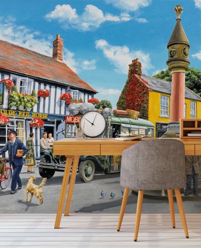 colorful customizable bygone era wall mural called The Market Place by Trevor Mitchell for residential care homes