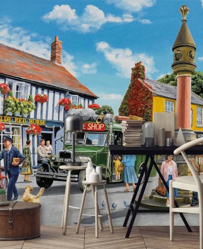 colorful customizable bygone era wall mural called The Market Place by Trevor Mitchell for residential care homes colorful customizable bygone era wall mural called The Market Place by Trevor Mitchell for residential care homes