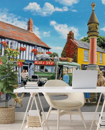 färgglad anpassningsbar svunnen tid väggmålning kallad The Market Place av Trevor Mitchell för vårdhem