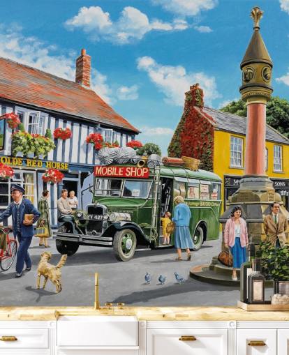 colorful customizable bygone era wall mural called The Market Place by Trevor Mitchell for residential care homes