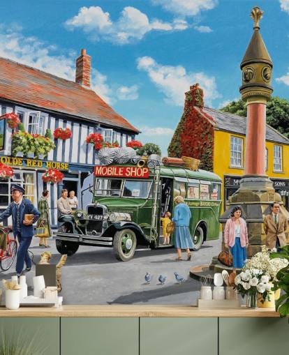 mural de pared colorido y personalizable de una época pasada llamado The Market Place de Trevor Mitchell para residencias de ancianos