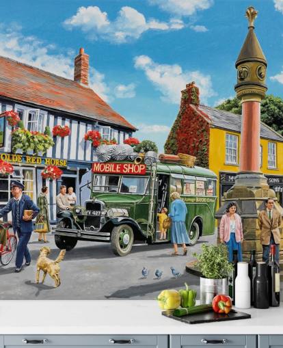 colorful customizable bygone era wall mural called The Market Place by Trevor Mitchell for residential care homes